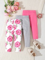 嬰兒女孩 3入組 簡約舒適 粉紅色花卉印花長褲 秋季服飾
