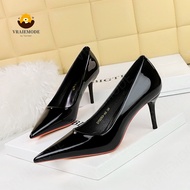VRAIEMODE Fashion High-Heeled Shoes Kitten Heel Woman Pumps Pointed Toe Ladies Shoes Enamel leather 