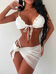 Falda de malla de tela blanca pura calada para traje de baño de tres piezas de bikini sexy para mujer
