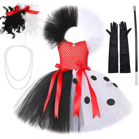 Black White Cruella Costumes for Girls Dalmatians Tutu Dress for Kids Villian Cruella De Vil Hallowe