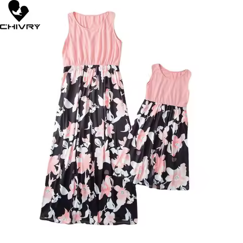 New 2025 Mother Daughter Summer Dresses Sleeveless Flower Patchwork Sundress Mom Mommy and Me Dress 