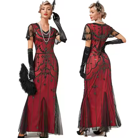 Women Mermaid 1920s Gatsby Dress 20s Vintage Sequins Beads Maxi Cocktail Party Flapper Mesh Prom Gow