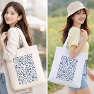 GINKO Blue Floral Canvas Tote Bag with Zipper - Basic Form 14 inch Canvas Laptop Bag G14-M52