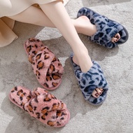 Leopard Print Cross Fur Open Open Toe Furry Autumn Winter Ladies Furry Slippers Warm Slippers Home F