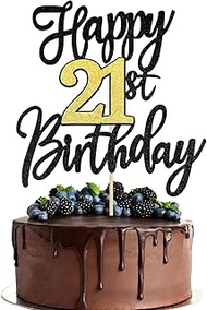 Happy 21st Birthday Cake Topper Black Gold Glitter Cheers to Twenty One Years Cake Pick 21 Fabulous