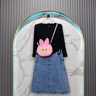 (Gratis Tas Labubu) Setelan Rok Anak Perempuan / Rok Cargo Jeans Import / Atasan Knit Rajut Usia 2-