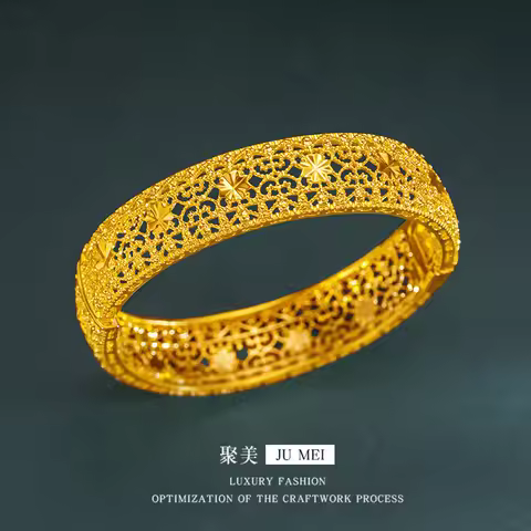 Luxury 24K 9999 Pure Gold real gold Snap-on openwork flower bracelet