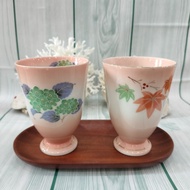 bag cup set, double cup set, husband and wife cup set, Japanese ceramic, wooden tray and wooden spoo