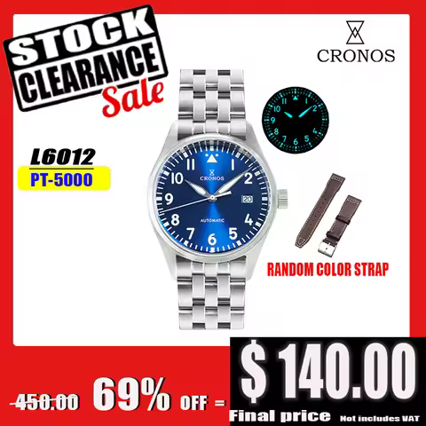 Cronos Pilot Flieger Mechanical Men Watch 39mm Stainless steel Super Lum Domed Sapphire Crystal 5lin