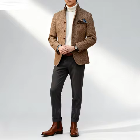 Men's Brown 1-Piece Blazer Winter Warm Woolen Business Office Notch Lapel Fish Spine Jacket Fishbone