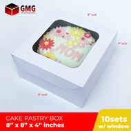 GMG Cake Pastry Box Easy Assembly w/Window 8 x 8 x 4 inches Cover and Box Shiny Finish (10sets)