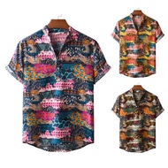 Men's Vintage\ Boho Loose Casual Linen Cotton Ethnic Printed Polo Shirt Half Button Short Sleeve Shi