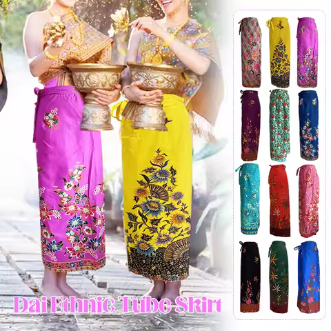 Women Summer Traditional Dai Long Skirt Ethnic Thai Clothes Sarong Vietnamese Dress Travel Thai Dai 