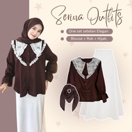 One Set OOTD 3in1 Elegant Women [Lace Blouse Top + Hyged Umbrella Skirt + Square Hijab] LM0100