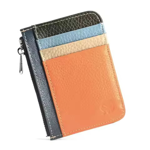 2025 High-end Textured Zipper Card Holder 100% Cowhide Leather Wallet Credit ID Card Holder Purse Mo