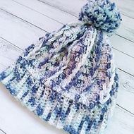 限量一件 大毛球鎖鍊紋漸層藍棉柔毛線帽 手工編織 毛帽