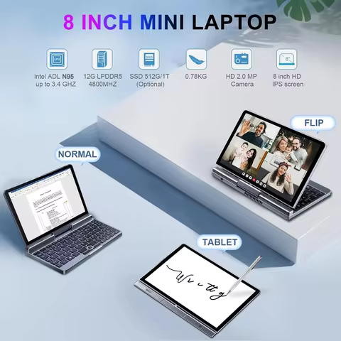 CHWEIDA 8 Inch 2-in-1 Pocket Laptop Intel Alder Lake N95 12GB DDR5 WiFi 6 Touchscreen Tablet PC
