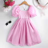 SIYYIS Dress For Kids Girl 8-12 Years Pink Color Princess Dress Sweet Style Puff-Sleeve Dress Voile 