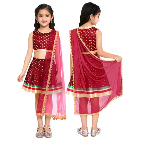 Girls Indian Traditional Ethnic Lehenga Choli Costume Set Metallic Print Crop Top with Skirt for Hal