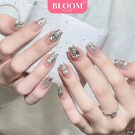 Nail Box Fake Nails with Rhinestones and Charms Long Style Pink Silver Bloom Nail Z818