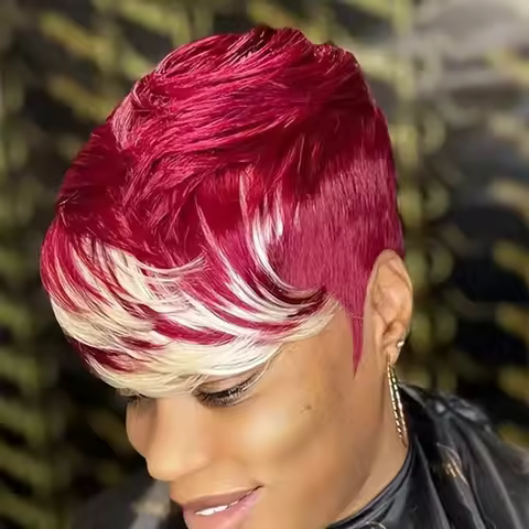 Short Layered 6 Inch Pixie Cut Wig Daily Machine Made Human Hair Wigs Burgundy Mix Blonde Highlight 
