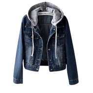 Women Long Sleeve Hooded Jacket Denim Buttons Closure Flap Pockets Jean Coat Streetwear