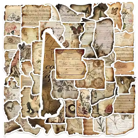 50 Pcs Vintage Burnt Paper Stickers Historical Creative Scrapbook Junk Journal Collage DIY Crafts Su