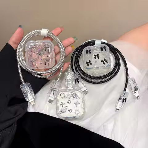 Transparent Bowknot Charger Protective Case Sleeve for Apple 40w Charger Cable Winder Wire Protector
