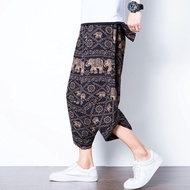 【A Flexible】★ กางเกงฮาเร็มนักวิ่งหลวมพิมพ์ลายช้างฝ้ายลินินแฟชั่นของผู้ชาย