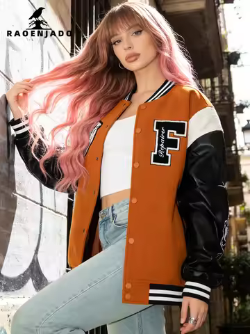 Womens Casual Varsity Jacket Baseball Letterman Coat Varsity Streetswear Outerwear with Fine Embroid