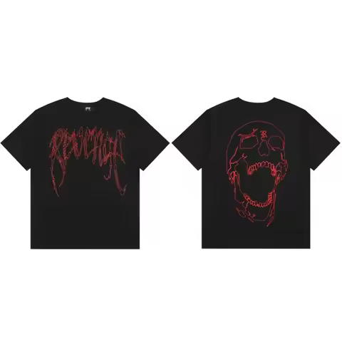 REVENGE Gothic Font T-Shirt with Red Skull Back Print Black Streetwear Tee for Men Women 3D Graphic 