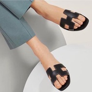 Hermès愛馬仕 Oran sandal 經典 H LOGO小牛皮露趾平底涼拖鞋 黑色/38.5 🉑️無卡/刷卡分期