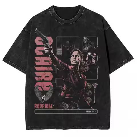 Resident Evil 2 Claire Redfield Biohazard Leon Kennedy Oversized T shirt 100% Cotton Vintage Washed 