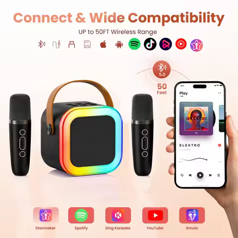 K12 Black Portable Dual-Microphone Mini Karaoke Machine, Portable Bluetooth Speaker with Wireless Ka