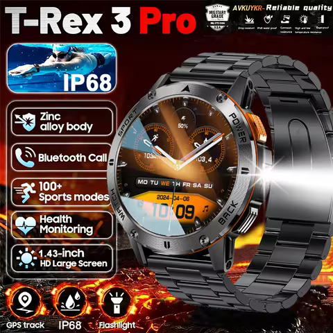 2026 New Military T-Rex 3 Pro 400mAh Battery Smart Watch IP68 Waterproof Flashlight Heart Rate Sport