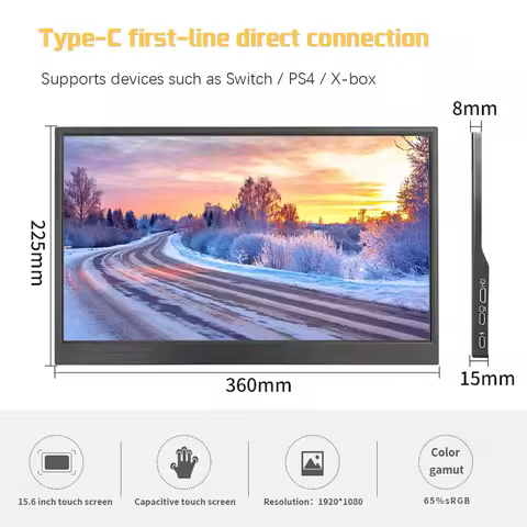 15.6 inch Monitor portátil com suporte, 1080p, FHD, IPS, 180 °, ajustável, viagem, laptop, Mac, PC,