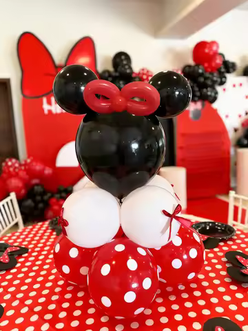 This 42-piece red mouse balloon set includes matte black latex balloons, red polka dot balloons, and