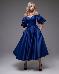 藍色短款緞面婚紗、藍色晚禮服、茶會長度馬甲式禮服