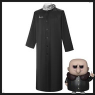 Adams Family Uncle Fester Cosplay Costume:Long Black Robe with Ruffled Collar for Males