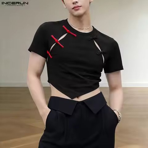 INCERUN Men's T Shirt Button Patchwork Vintage Personality O-neck Short Sleeve Crop Tops For Man Hol