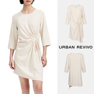 URBAN REVIVO Silk dress long sleeve adies Draped Dress dress Off White irregular pleat dresses for women 2023