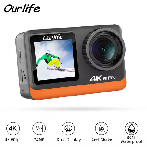Ourlife 4K60FPS Action Camera 2.0 Touch IPS Screen 24MP Wi-Fi 170D EIS 30M Waterproof Helmet Webcam