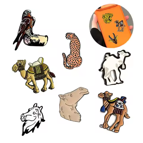 Tiger Camel Animals Phone 3M Sticker Pins Badge Stainless Steel Deer Horse Enamel Brooch Middle East