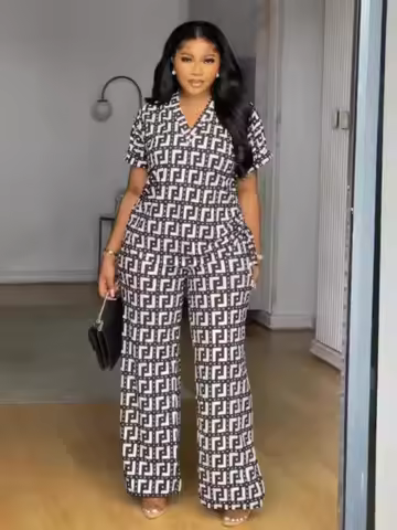 Pants Set Summer Women's Printed Two Piece Set Short Sleeve Round Neck Loose Pants AOMEI Fashion Pan