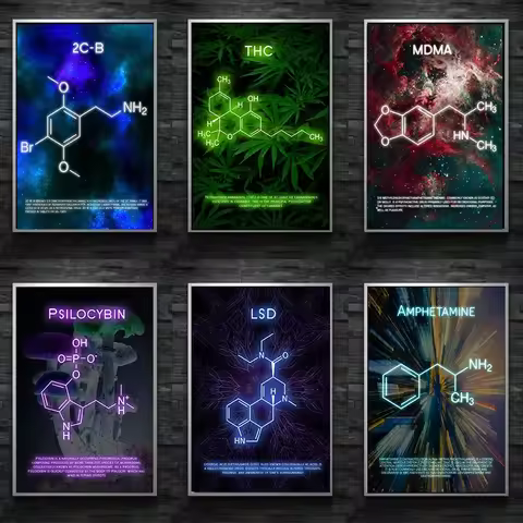 Retro Chemical Formula Drug Molecules Ketamine MDMA Psilocybin Molecule Art Poster Canvas Painting W