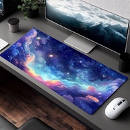 Pastel Anime Space Desk Mat, Nebula View, Cute Aesthetic Stars and Galaxies, Large Deep Dark Blue Co