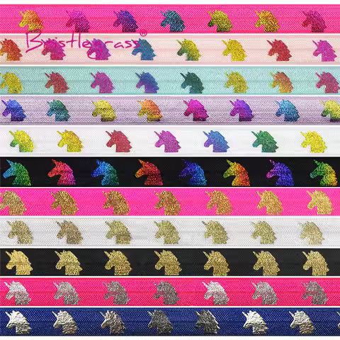BRISTLEGRASS 5 Yard 5/8" 15mm Rainbow Silver Gold Unicorn Foil Print Fold Over Elastics FOE Spandex 