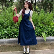 Set váy yếm jean dáng dài dễ thương mix áo borip tone trắng siêu xinh đơn giản dành cho các nàng dạo