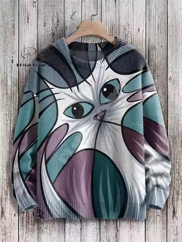 Christmas Knitted Sweater Cat Animal Graffiti Tattoo Retro Vintage 3DPrint Unisex Pullover Harajuku