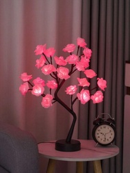 1入組24 LED 玫瑰樹燈，電池/USB兩用，母親節禮物，多色桌上人工花盆景樹燈